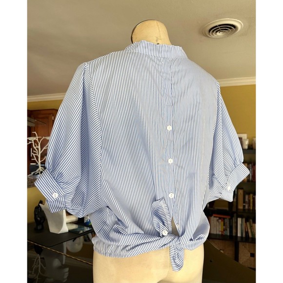 Blue & White Stripe Puff Sleeve Button Down Back Notch Collar Blouse - Picture 11 of 12